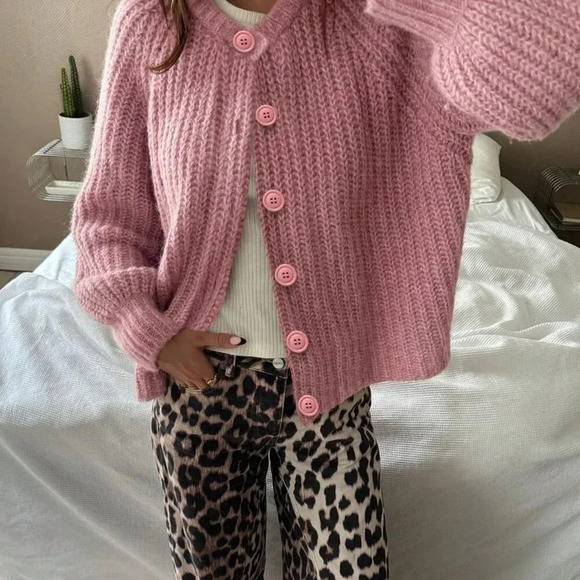 Pink Casual Women's Open Button-Front Loose Long Sleeve Knitted Cardigan - Picture 4 of 9